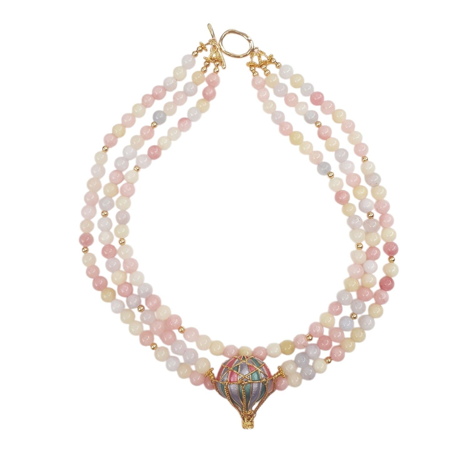 Morganite Beaded Necklace With Hot Air Balloon Brooch