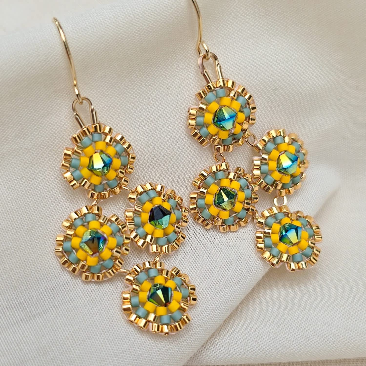 Moringa Yellow Beaded Chandelier Dangle Earrings With Crystals