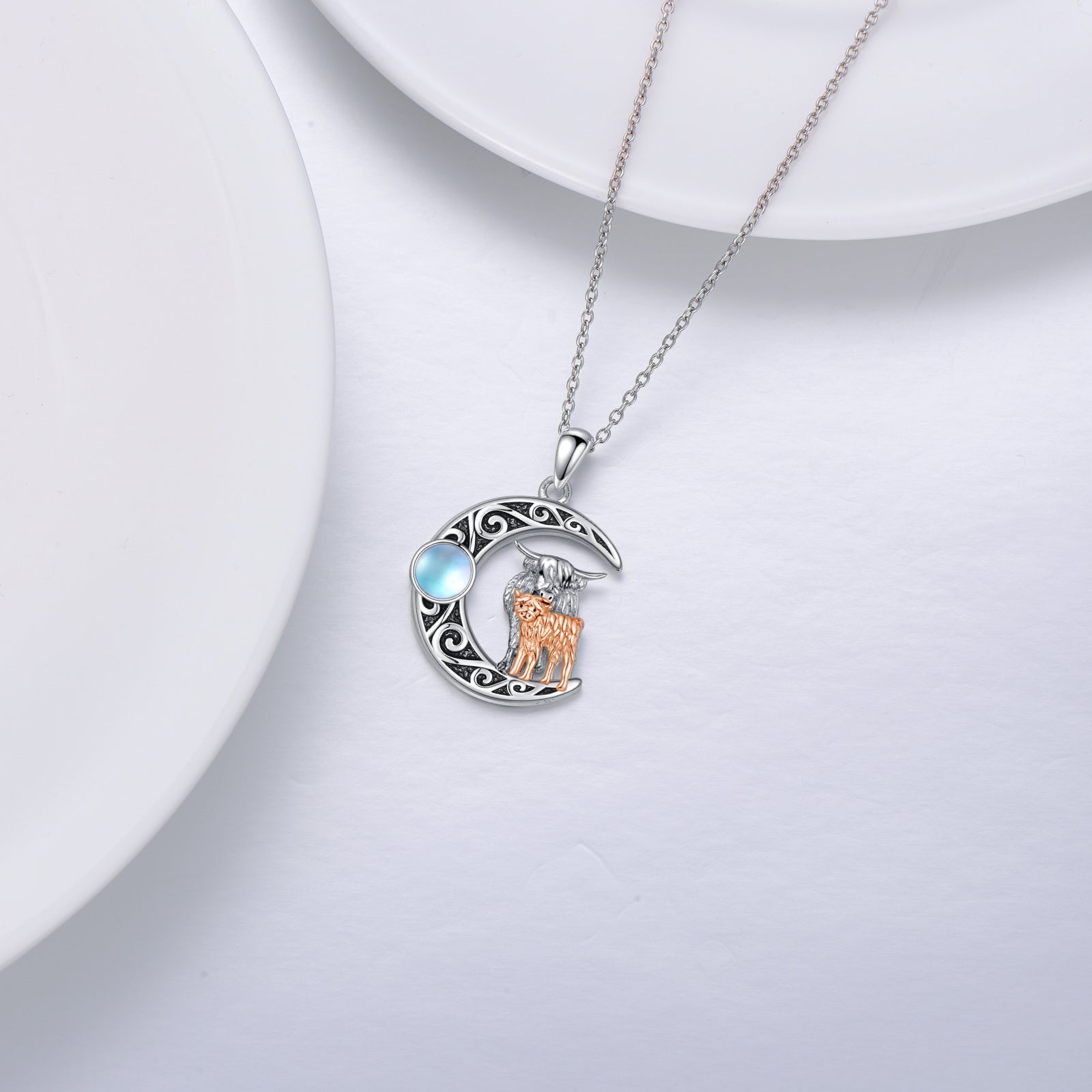 Sterling Silver Two-tone Moonstone Cow Moon Necklace for Women Men