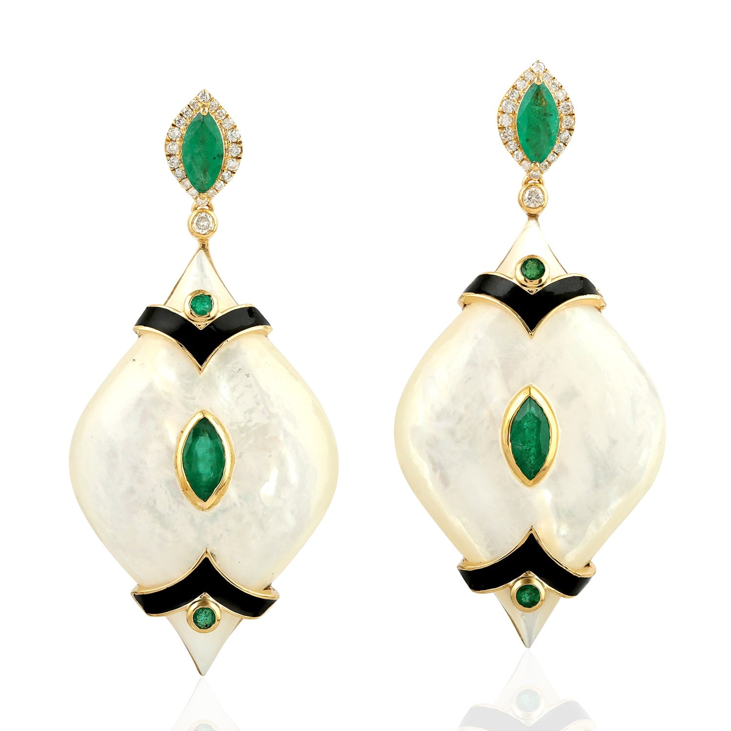 Mother Of Pearl & Emerald Enamel Drop Earrings With Pave Diamonds In Gold