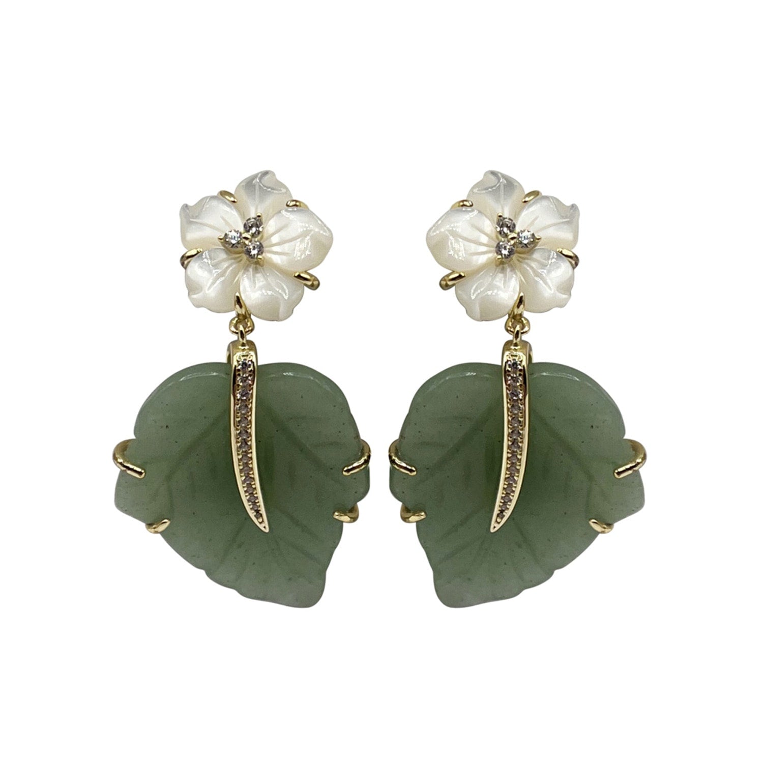 Mother Of Pearl Flower Sterling Silver Vermeil Earrings With Jade Leaf Drop