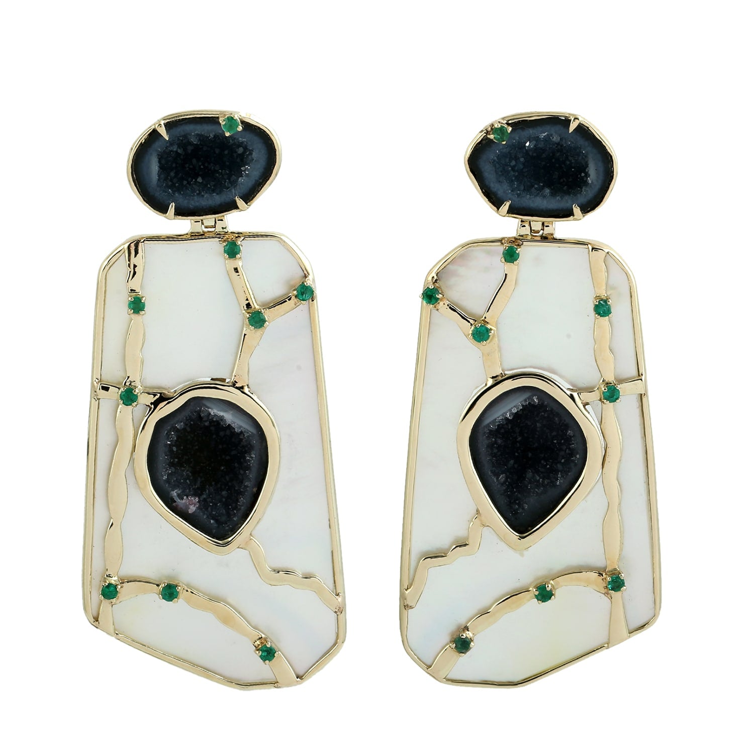 Mother Of Pearl, Geode & Prong Set Emerald Dangle Earrings In Gold