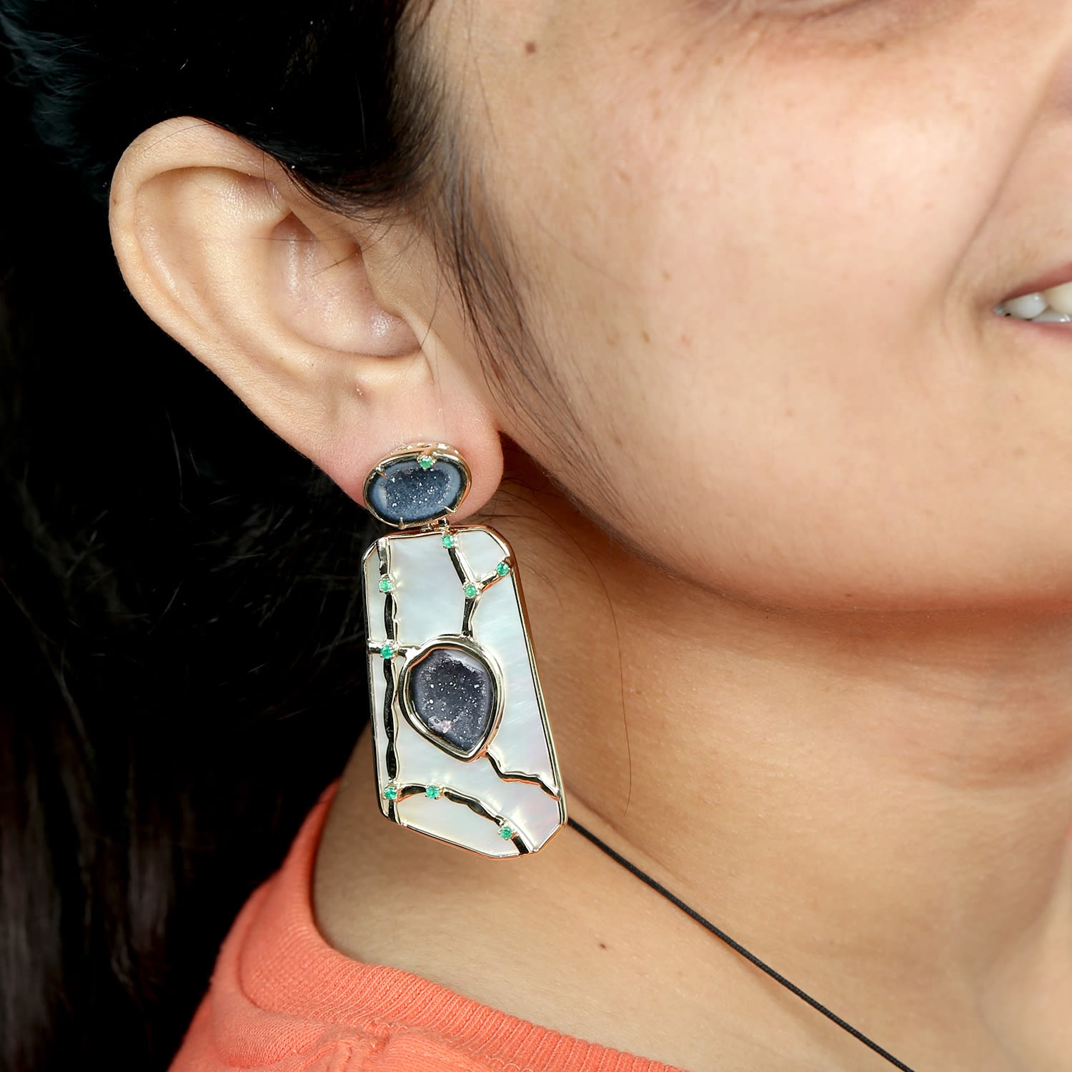 Mother Of Pearl, Geode & Prong Set Emerald Dangle Earrings In Gold