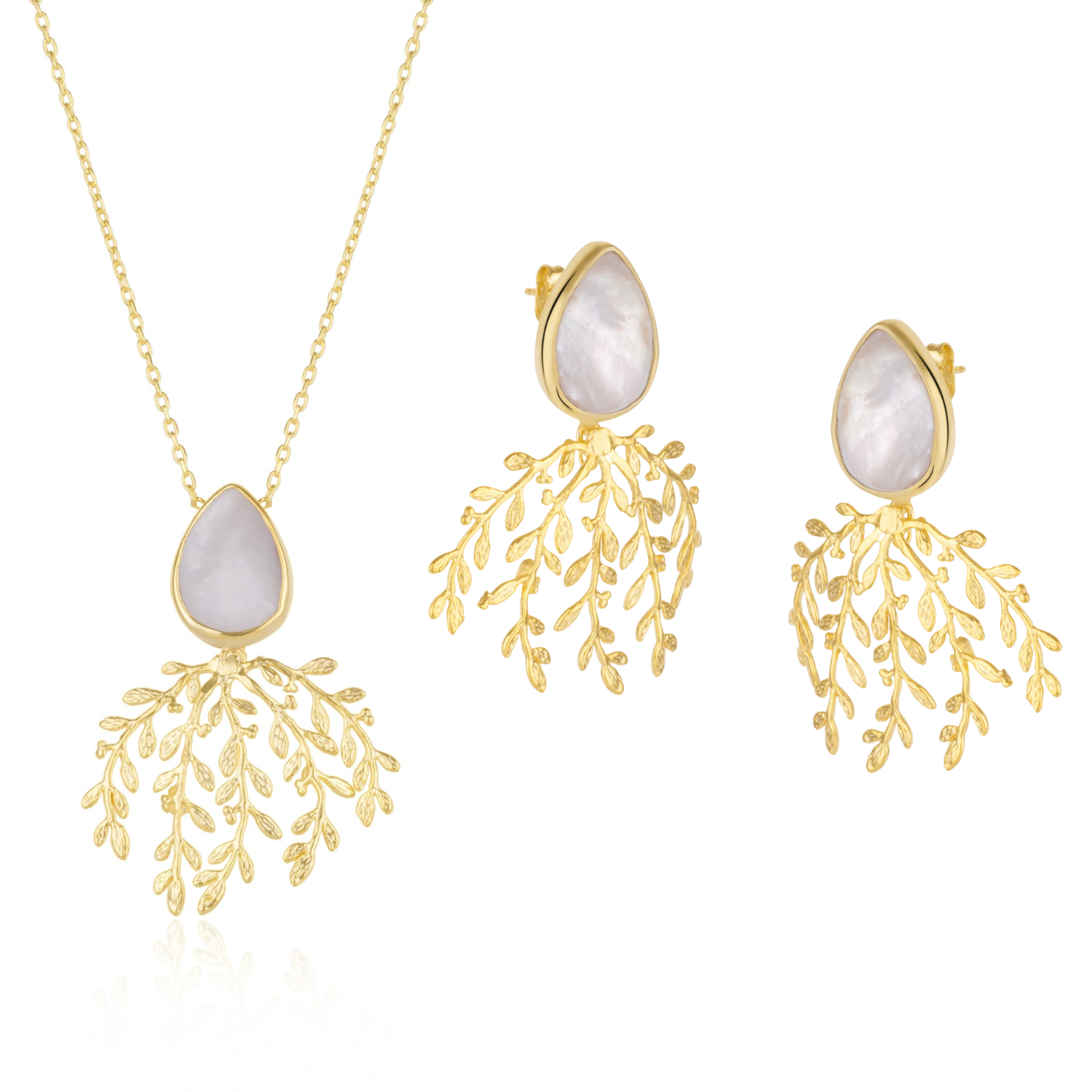 Mother Of Pearl Olive Branch Sterling Silver Earring Necklace Set