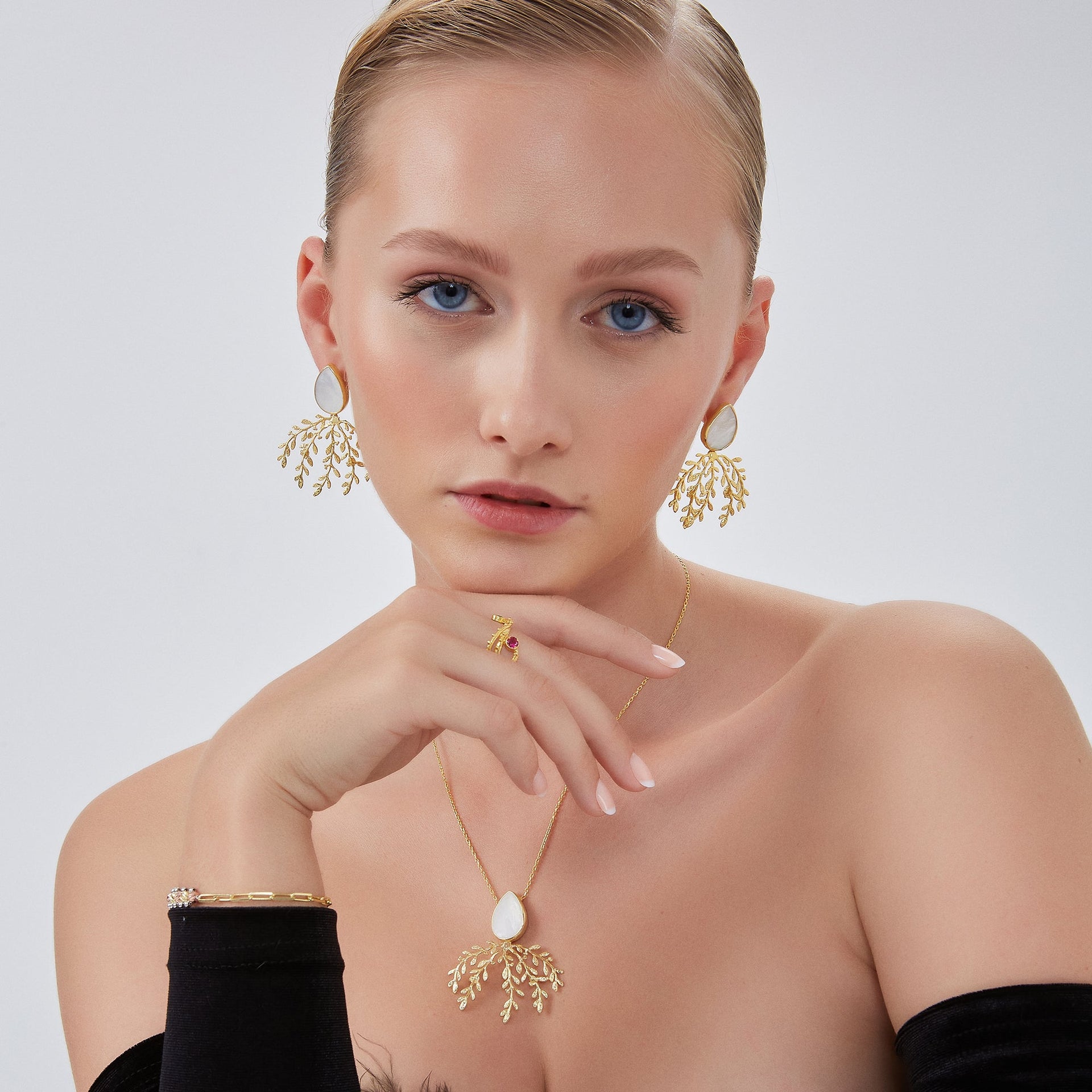 Mother Of Pearl Olive Branch Sterling Silver Earring Necklace Set