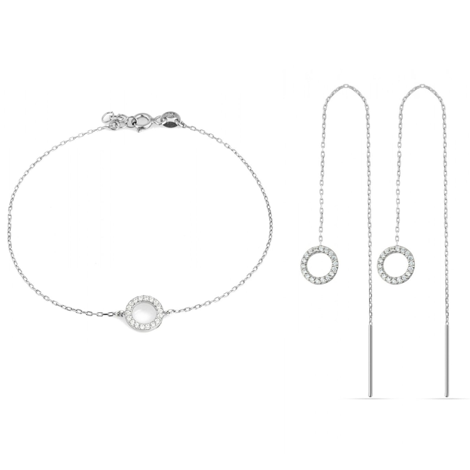 Circle Bracelet & Circle Drop Earring Set In Sterling Silver