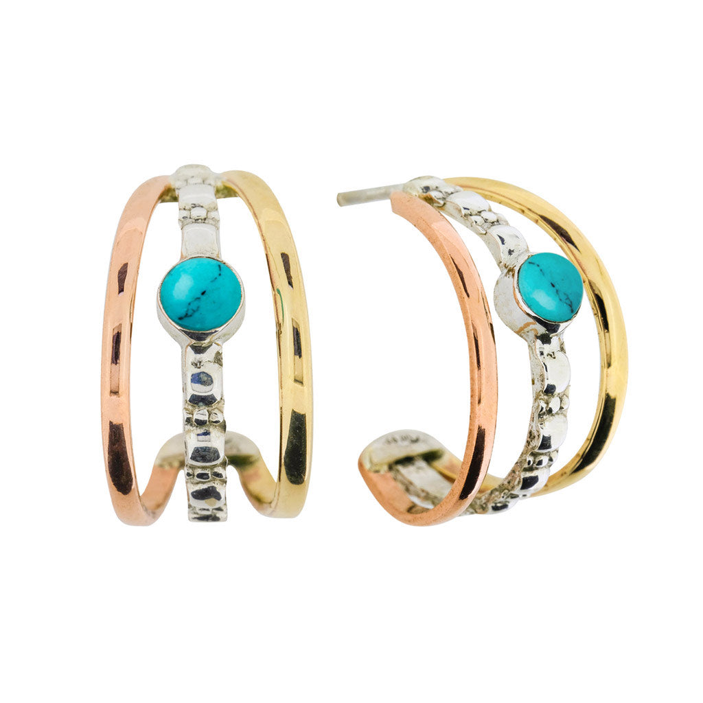 Maharani Silver Triple Hoop Earrings - Turquoise