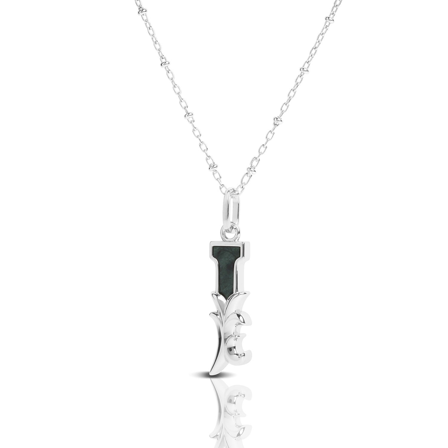 Solid Silver I Initial Necklace With Green Marble