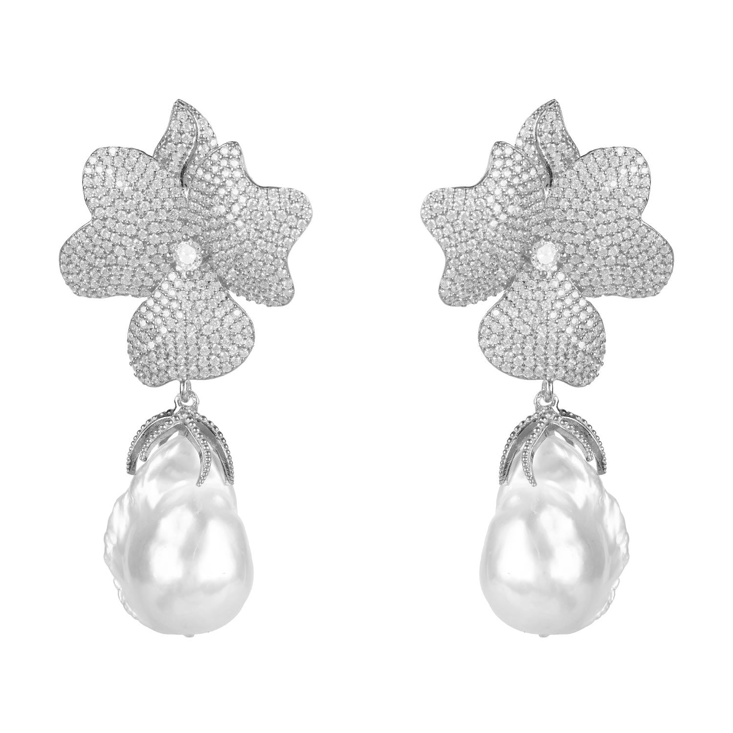 Baroque Pearl White Flower Drop Earrings Silver