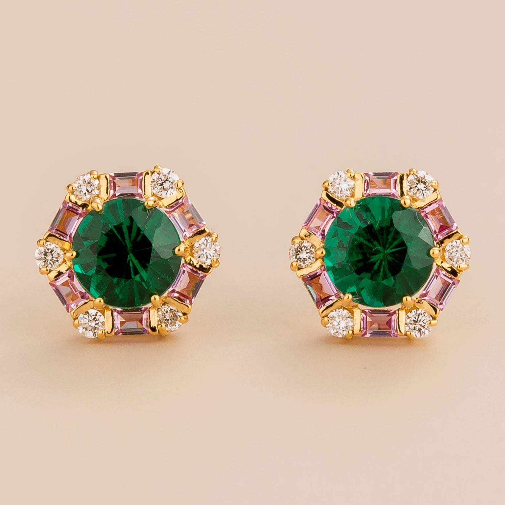 Melba Gold Earrings Emerald, Pink Sapphire & Diamond