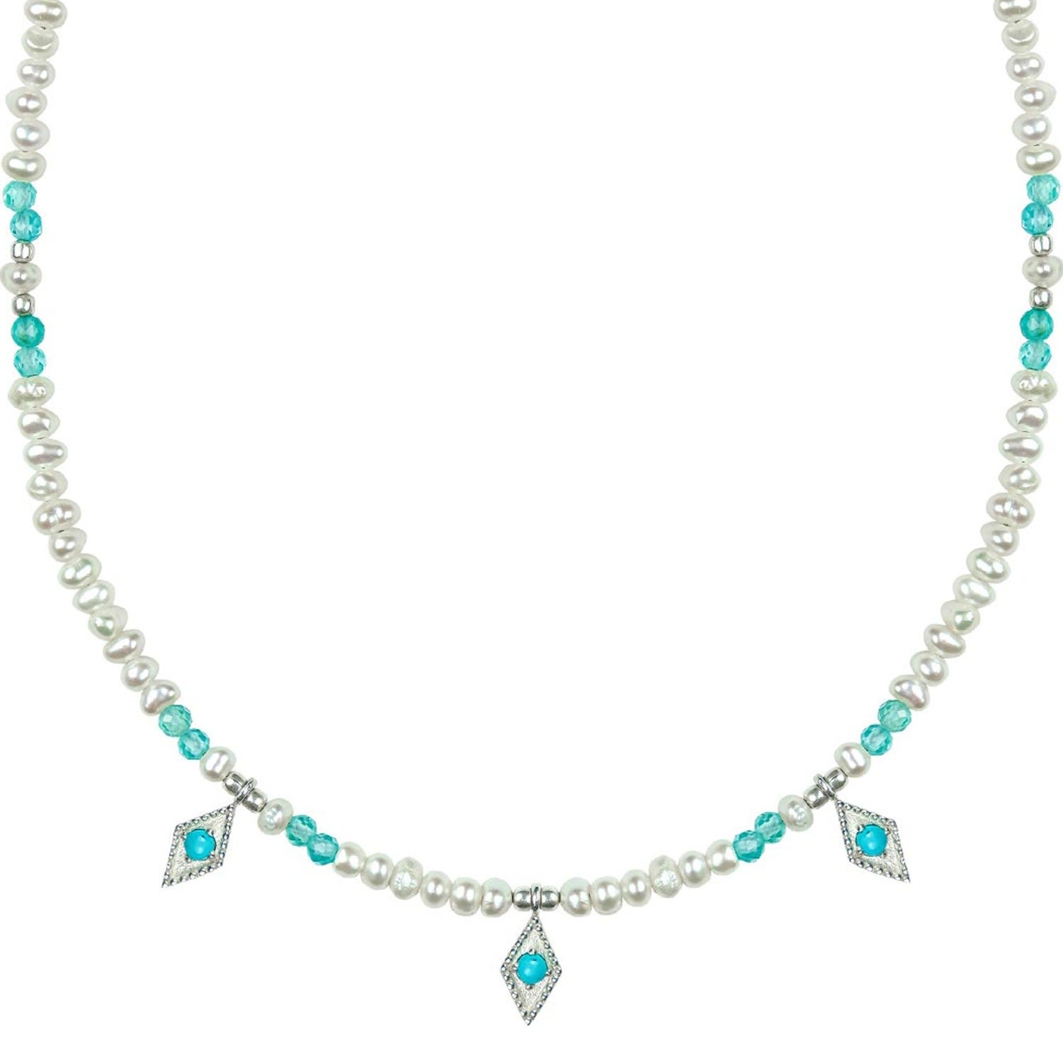 Mughal Love Silver Beaded Necklace - Pearl & Apatite