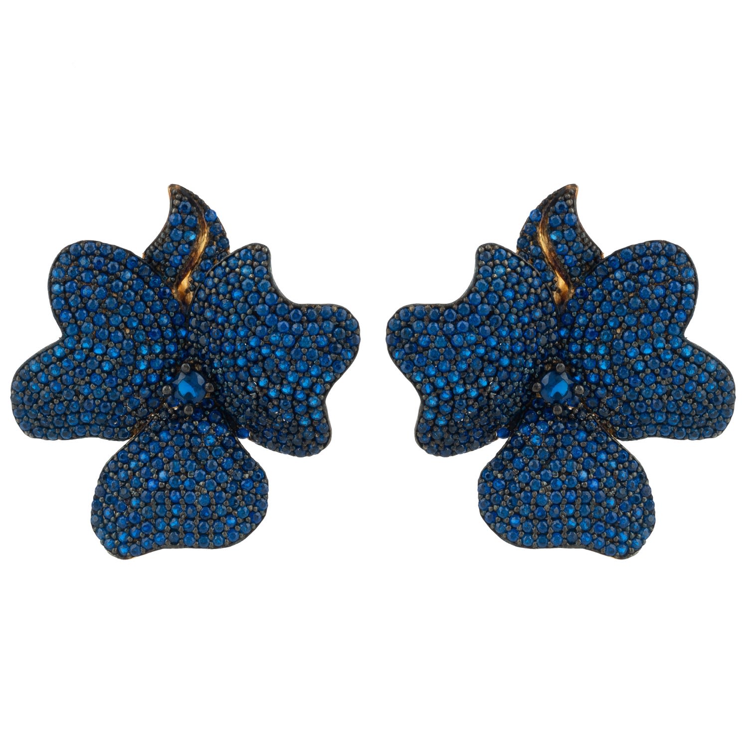 Flower Large Stud Earrings Gold Sapphire Blue