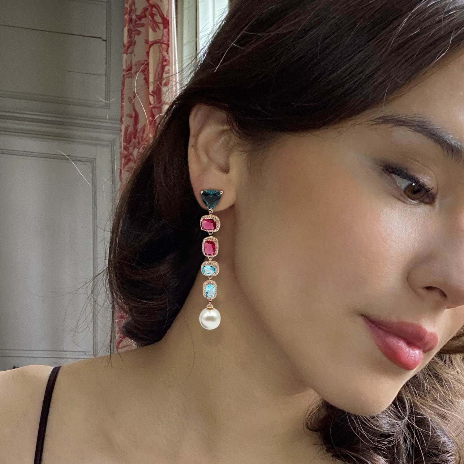 Multi Color And Pearl Drop Hanging Earrings