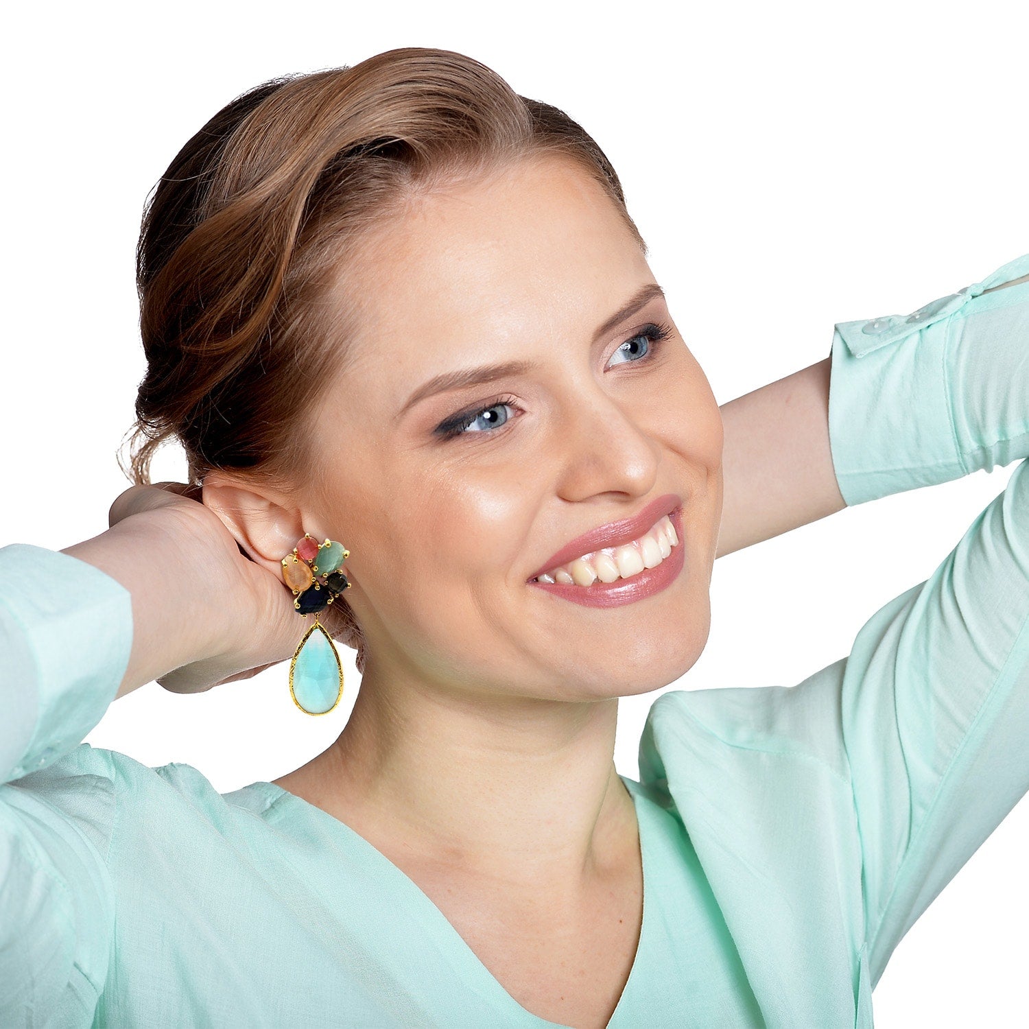 Multi-Color Cat's Eye Pierced Earrings With Aqua Blue Drop