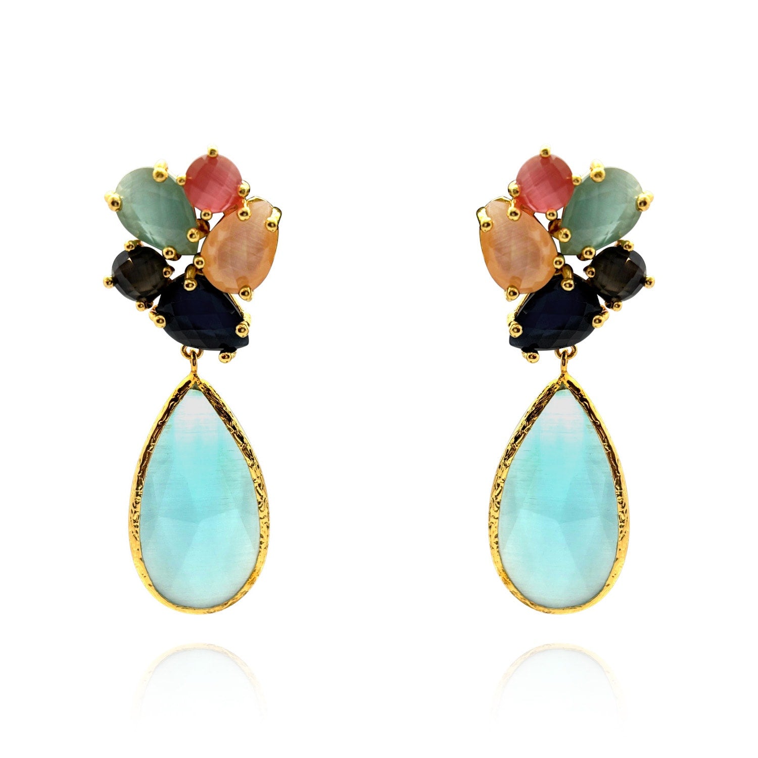 Multi-Color Cat's Eye Pierced Earrings With Aqua Blue Drop