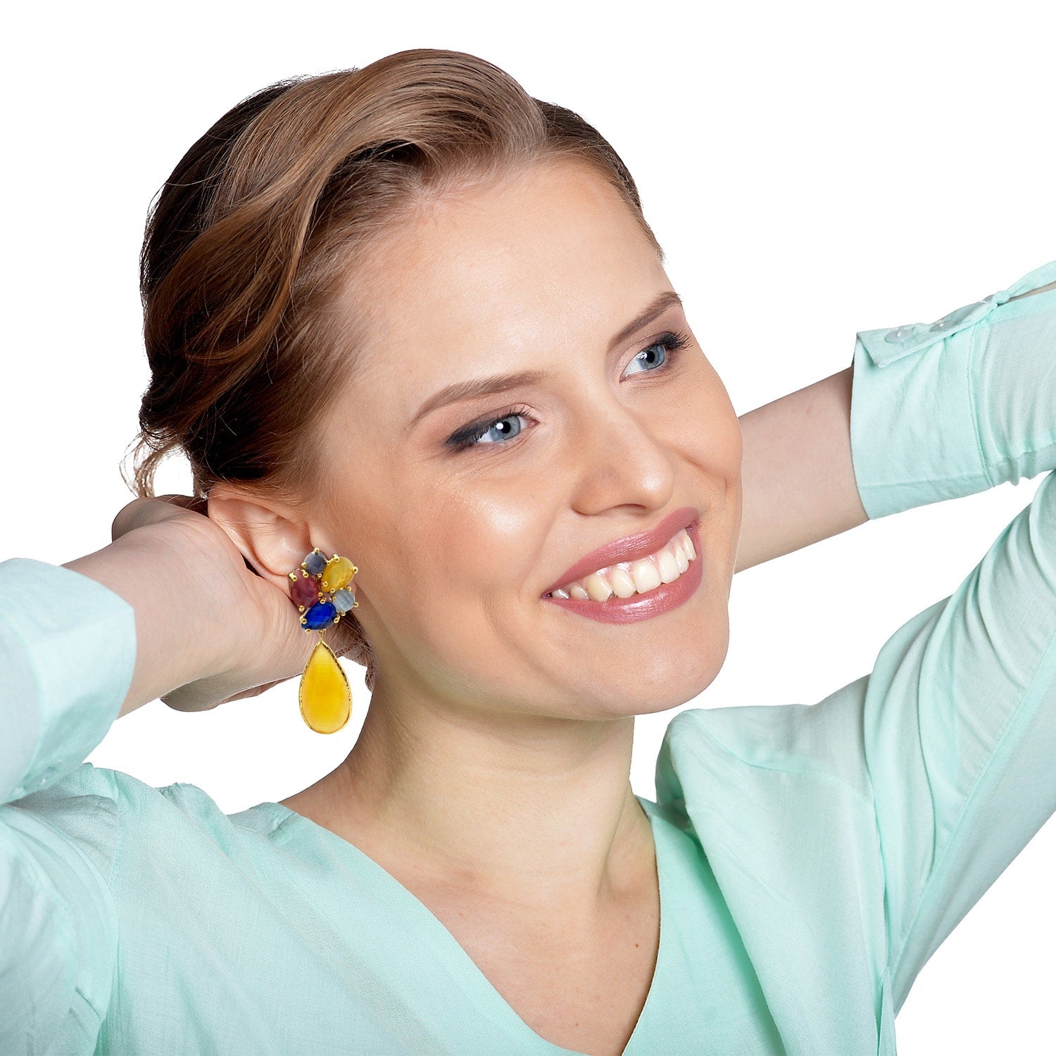 Multi-Color Cat's Eye Pierced Earrings With Yellow Amber Drop