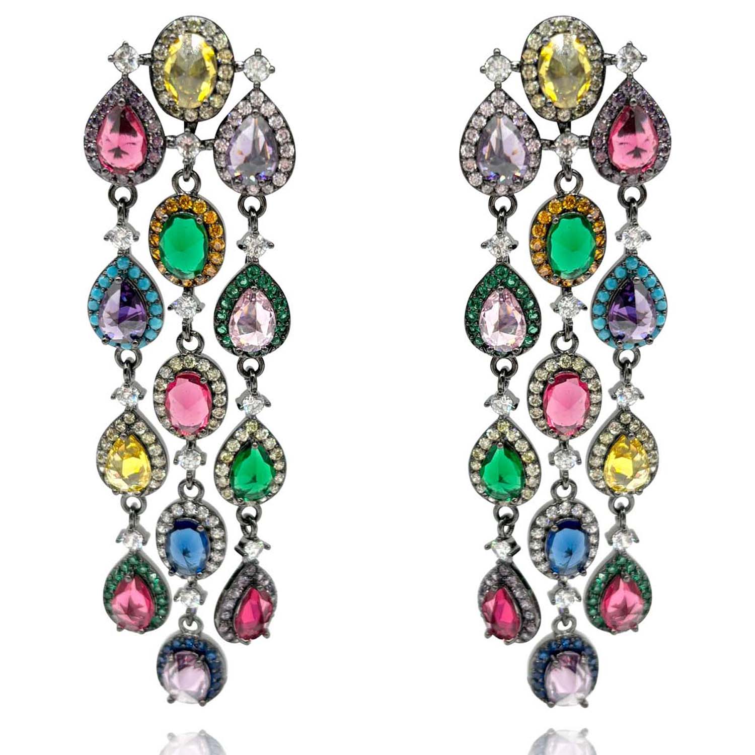 Multi-Color Crystal Gemstone Clip-On Drop Earrings