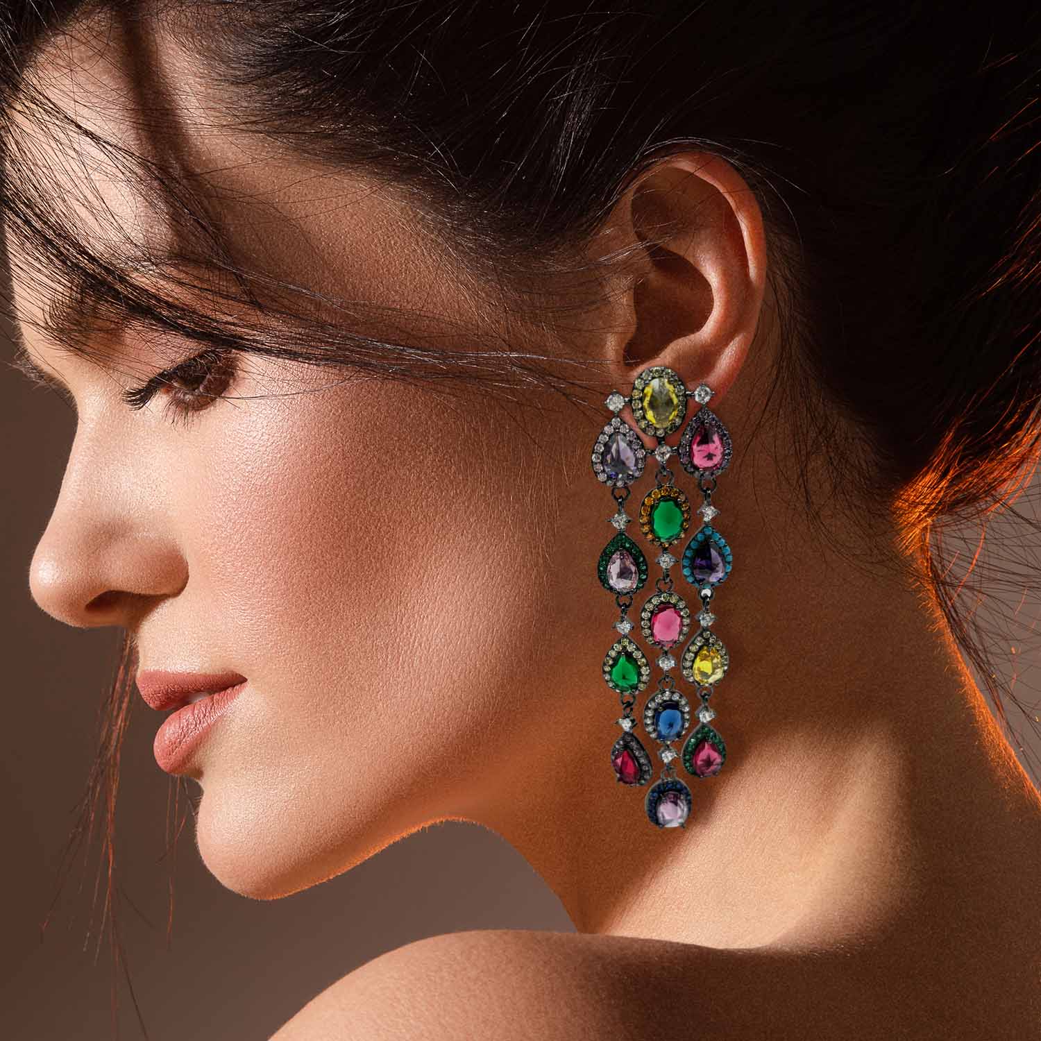 Multi-Color Crystal Gemstone Clip-On Drop Earrings
