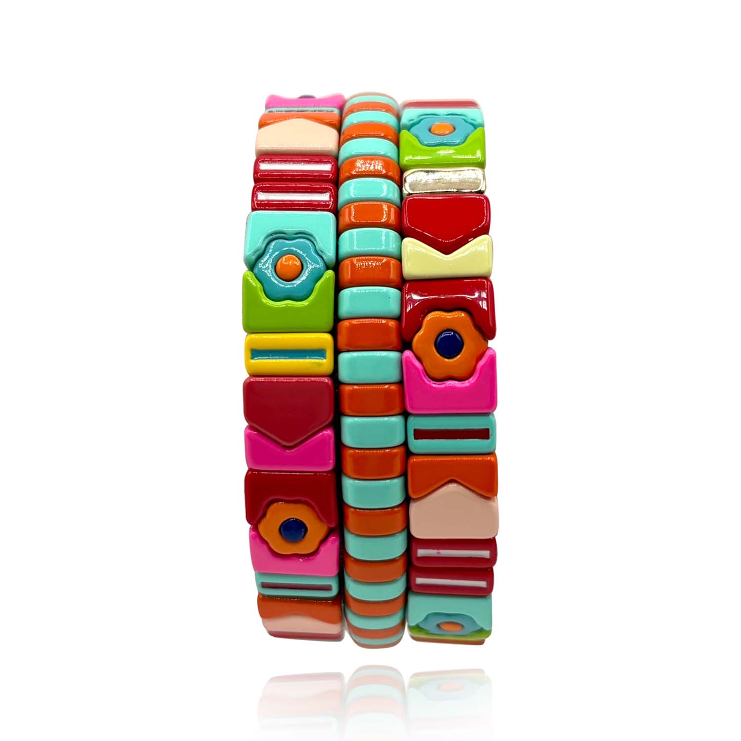 Multi-Color Floral And Stripe Enamel Three-Strand One-Size Elasticized Bracelets