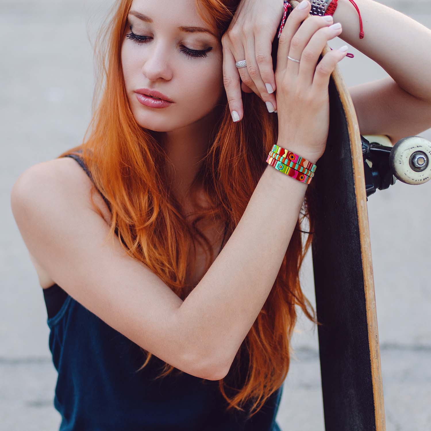 Multi-Color Enamel Three-Strand Striped One-Size Elasticized Bracelets