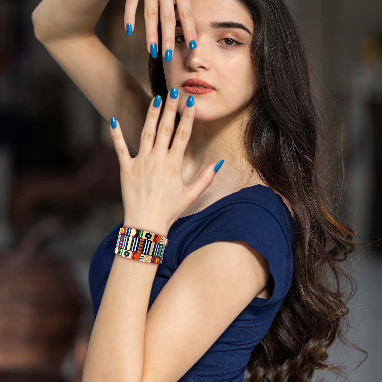 Multi-Color Enamel Three-Strand One-Size Elasticized Bracelets