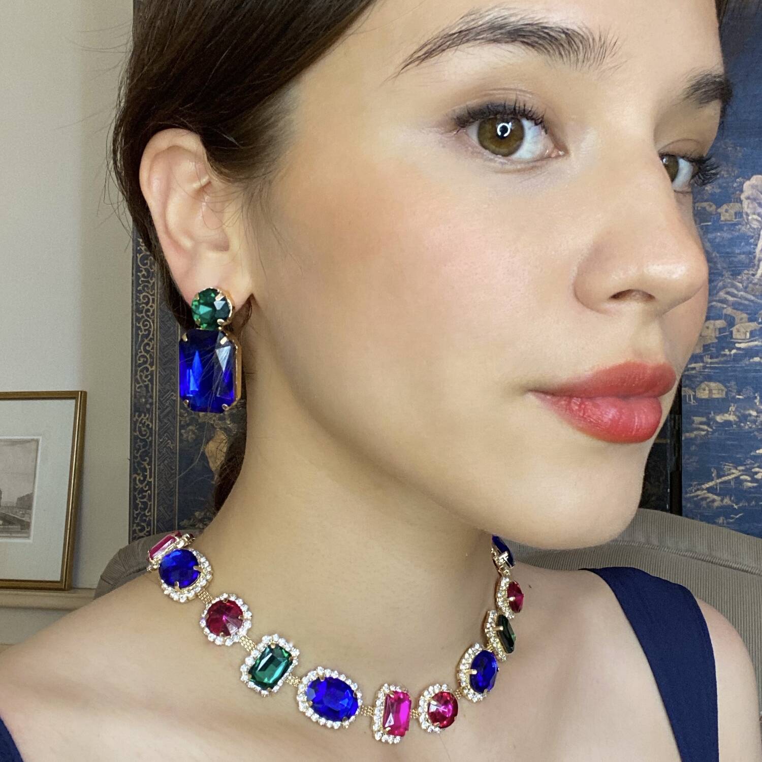 Dark Sapphire Crystal Ocatgon And Emerald Round Stone Drop Earrings