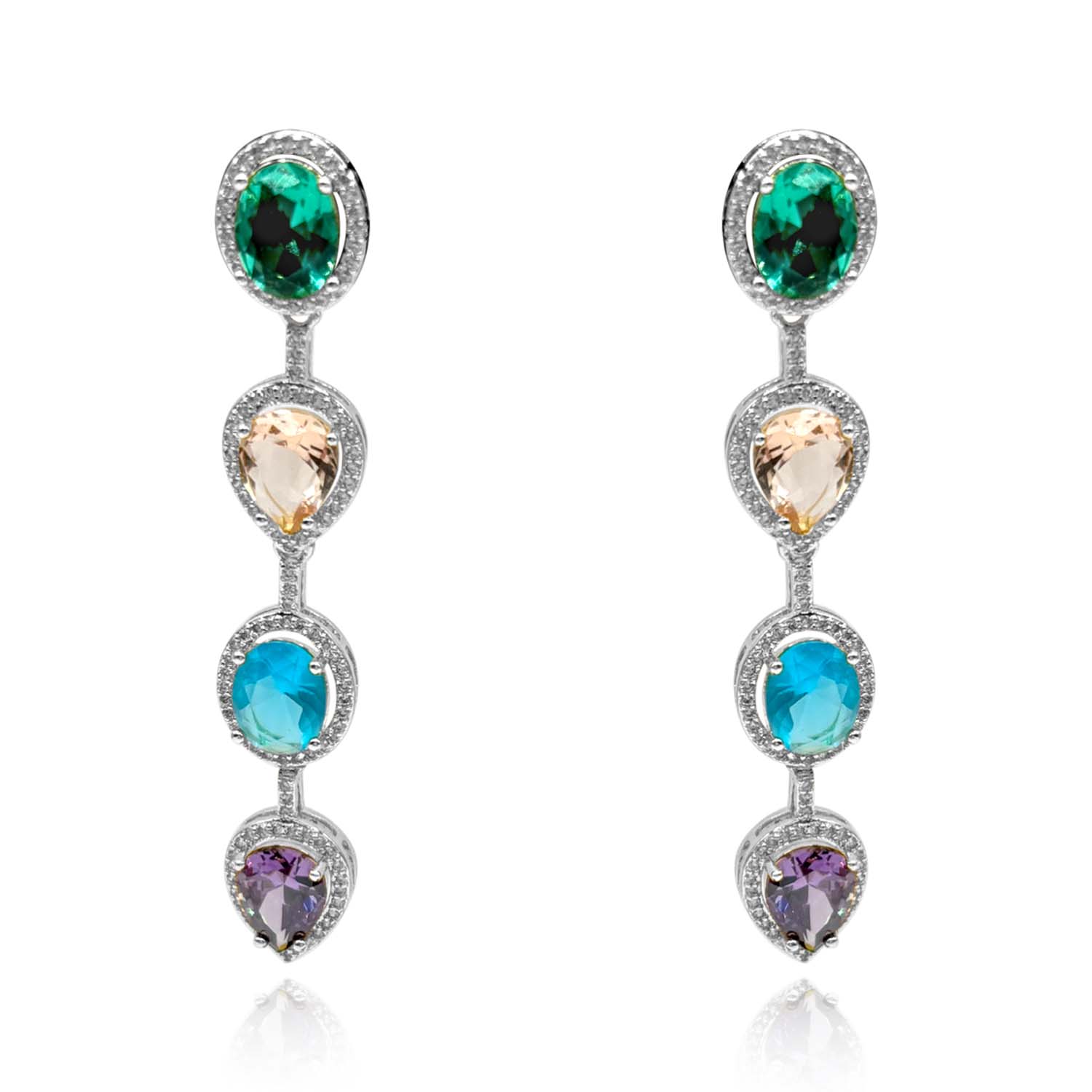 Multi-Color Oval And Pear Shape Cubic Zirconium Drop Earring Set In Rhodium-Plated Brass