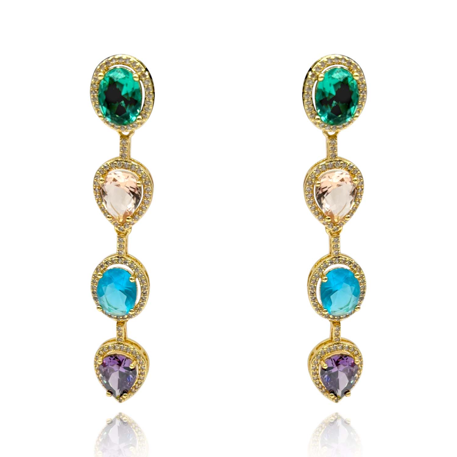 Multi-Color Oval And Pear Shape Drop Earring Set In Gold Plated Brass
