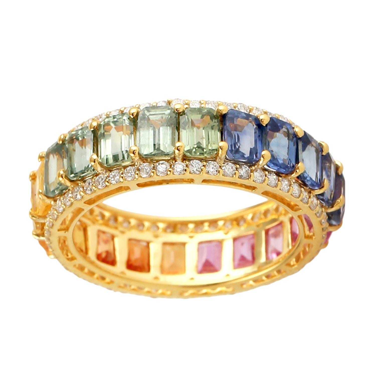Multi Color Sapphire & Diamond Eternity Band Ring In 18Kt Yellow Gold