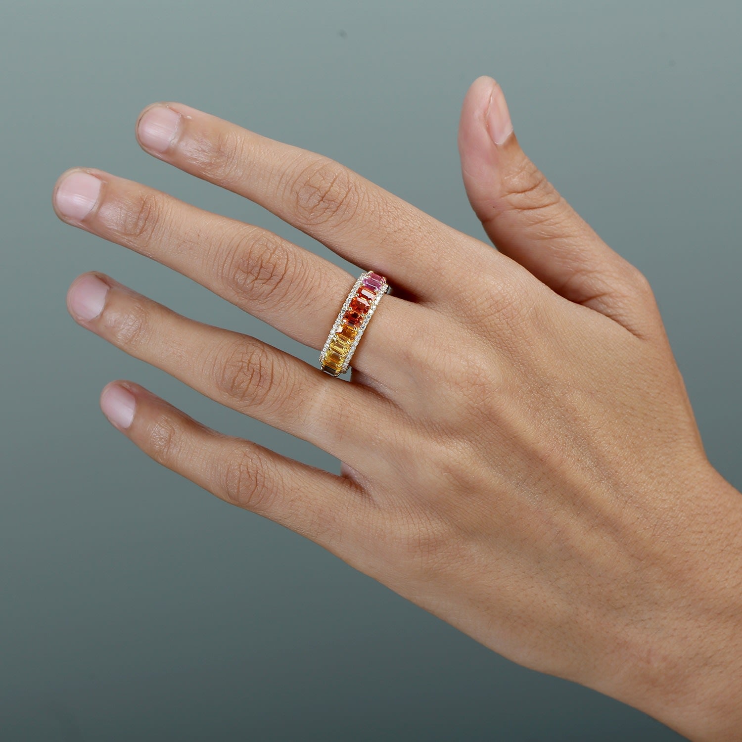 Multi Color Sapphire & Diamond Eternity Band Ring In 18Kt Yellow Gold