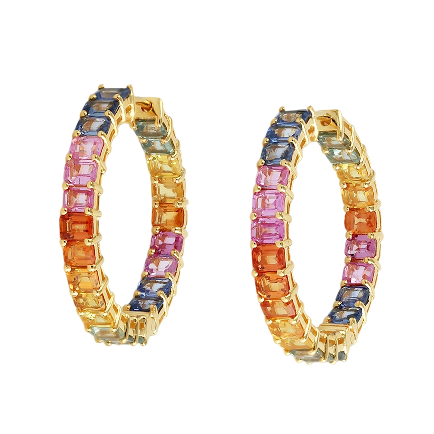 Multi Color Sapphire Gemstone Hoop Earrings In Yellow Gold