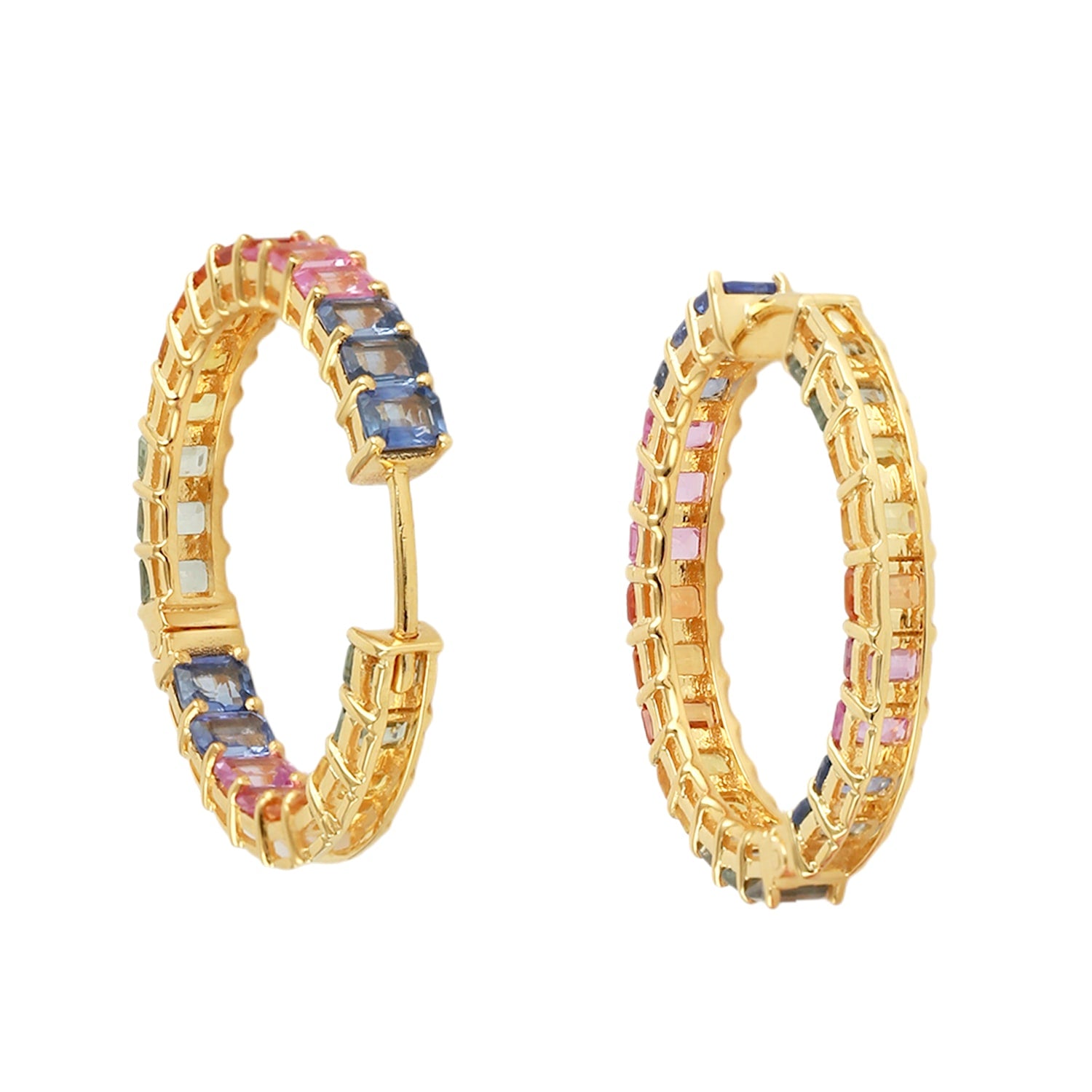 Multi Color Sapphire Gemstone Hoop Earrings In Yellow Gold