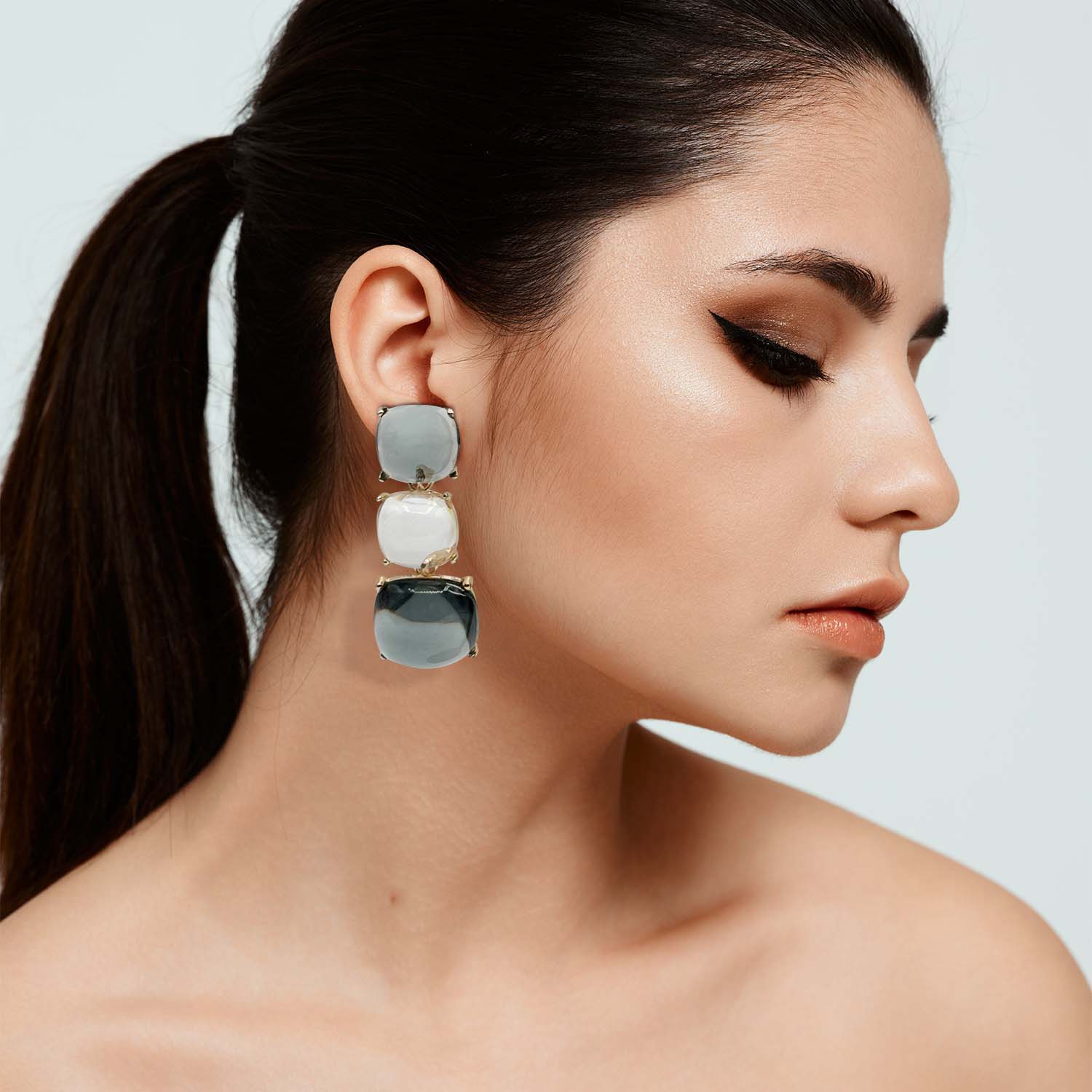 Multi Grey And Clear Cushion Shaped Drop Earrings