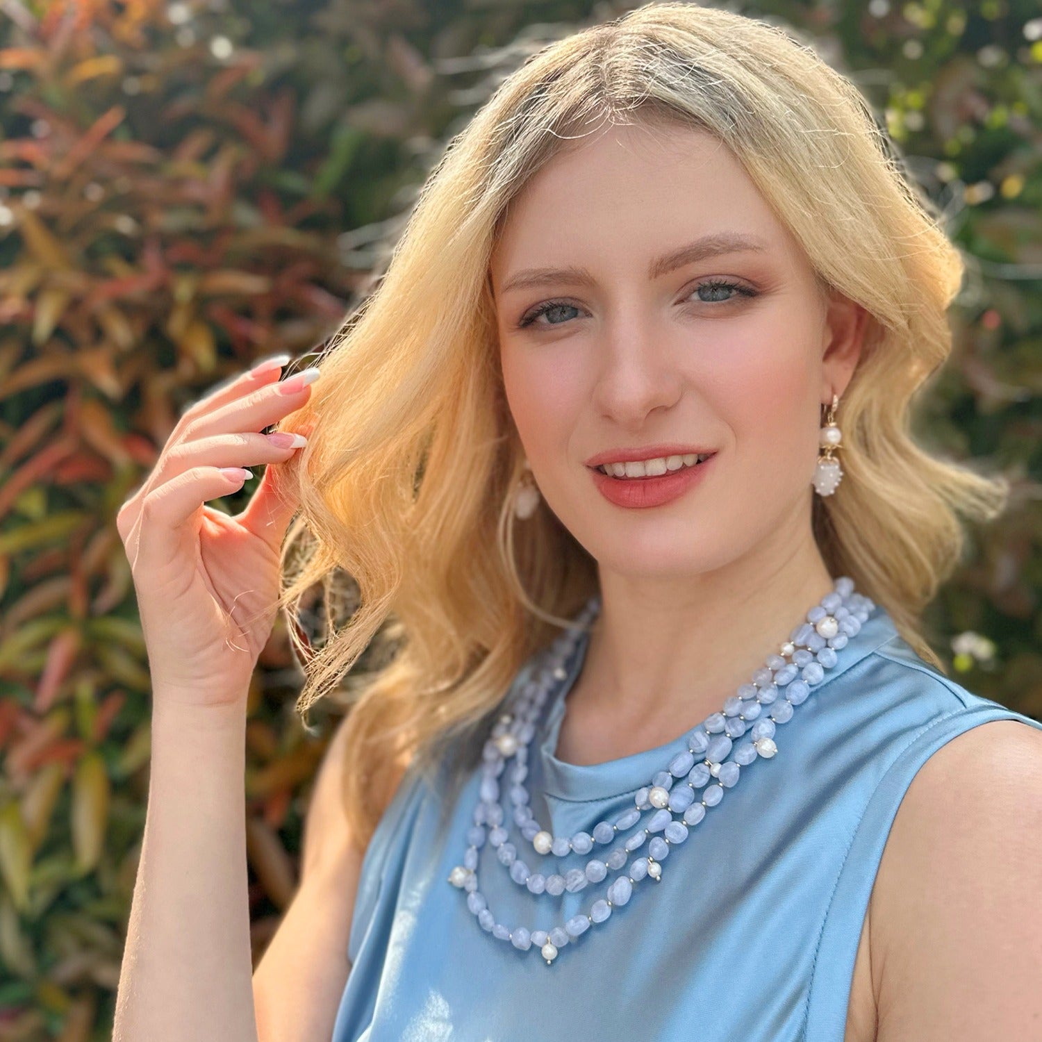 Multi Layers Blue Lace Agate Pearls Necklace