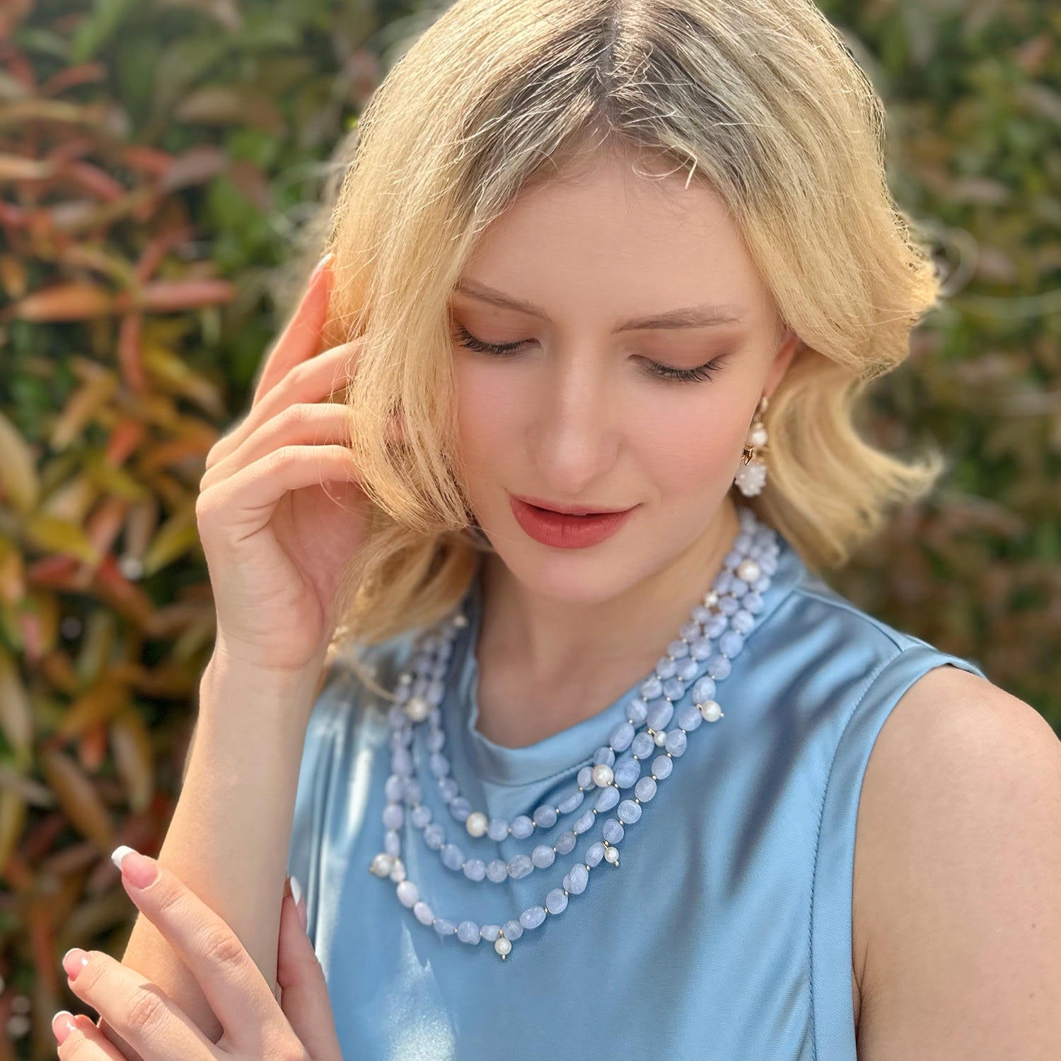 Multi-Layers Blue Lace Agate With Pearls Necklace