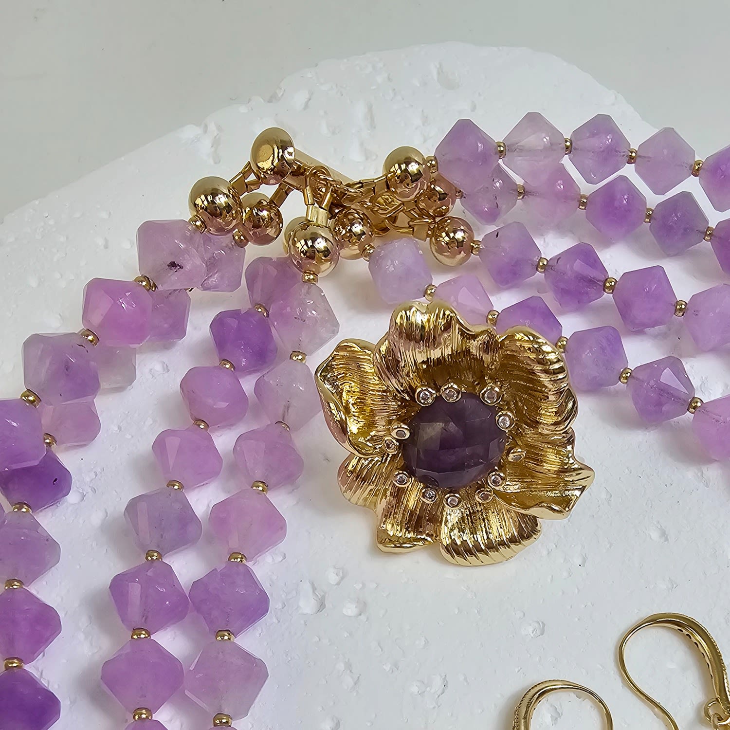 Multi-Layers Purple Jade With Flower Charm Necklace