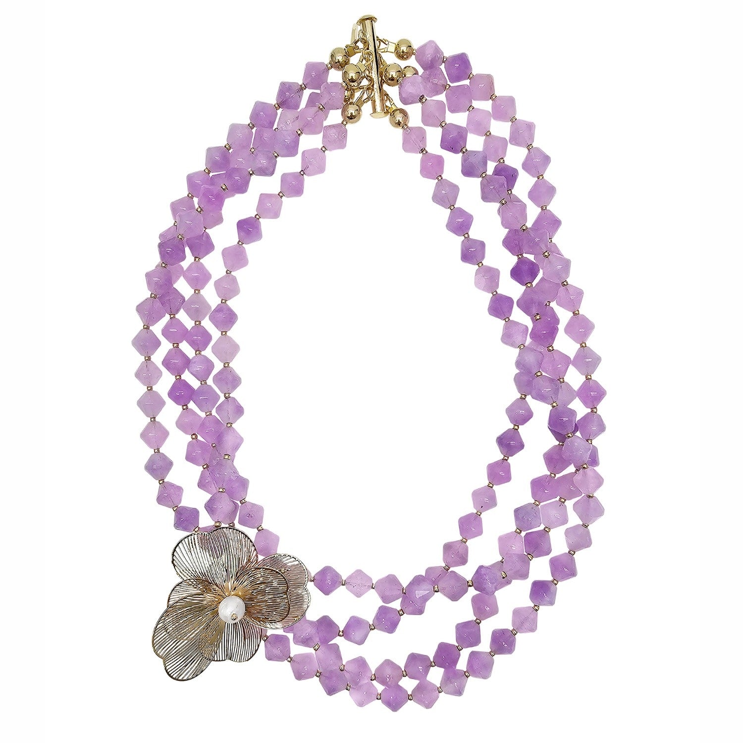 Multi-Layers Purple Jade With Flower Charm Necklace