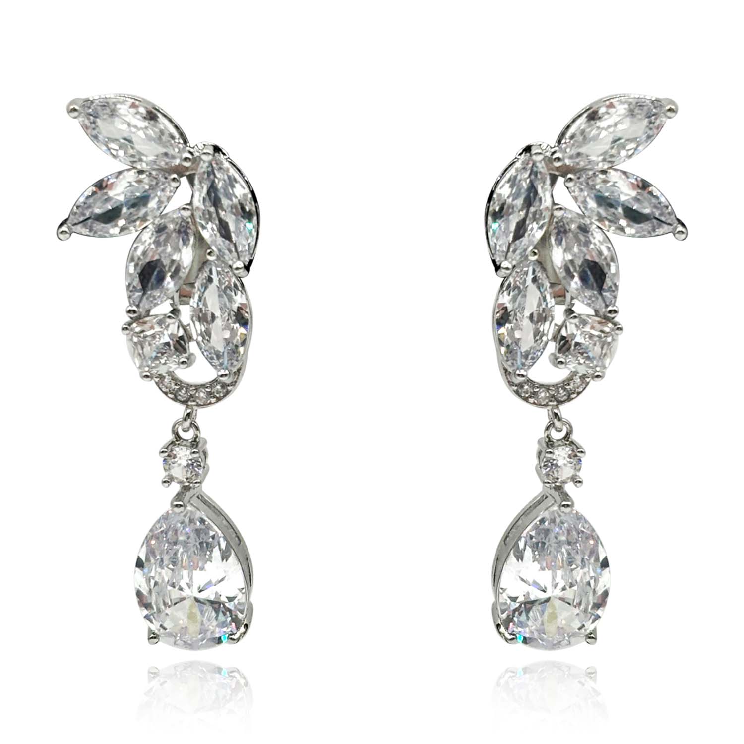 Multi Navette Clip On Diamond Cubic Zirconium Top With Large Pear Shape Drop Earrings