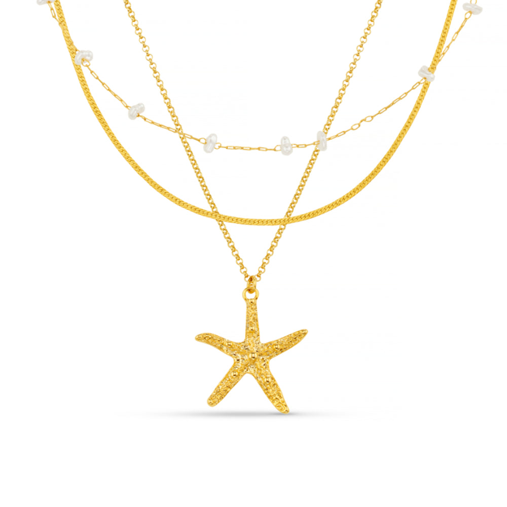 Starfish & Stationed Pearl 3-Row Necklace