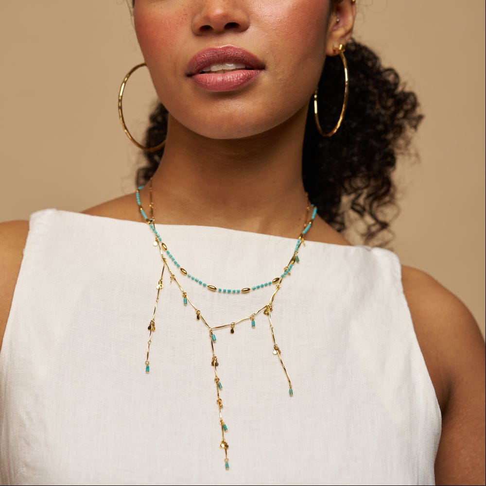 Turquoise Bead & Fringe Multi-Row Lariat Necklace