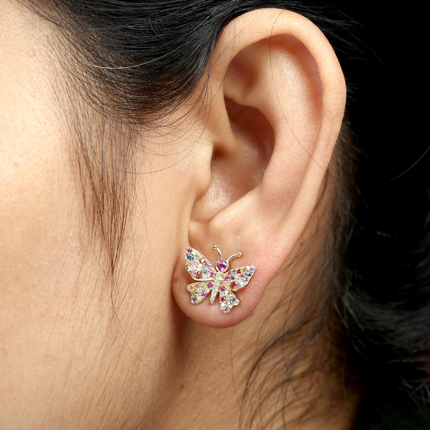 Multi Sapphire & Diamond Butterfly Stud Earrings In Yellow Gold