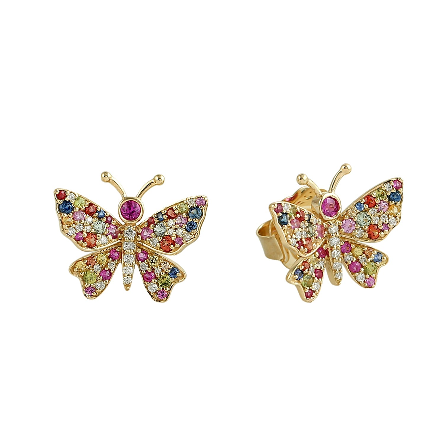 Multi Sapphire & Diamond Butterfly Stud Earrings In Yellow Gold