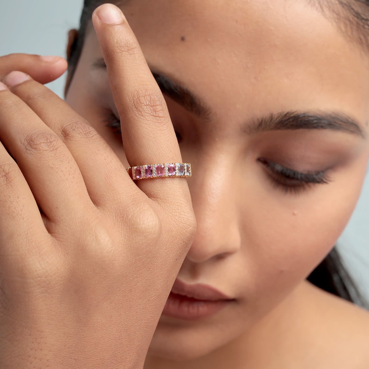 18K Yellow Gold Rainbow Sapphire & Diamond Eternity Band