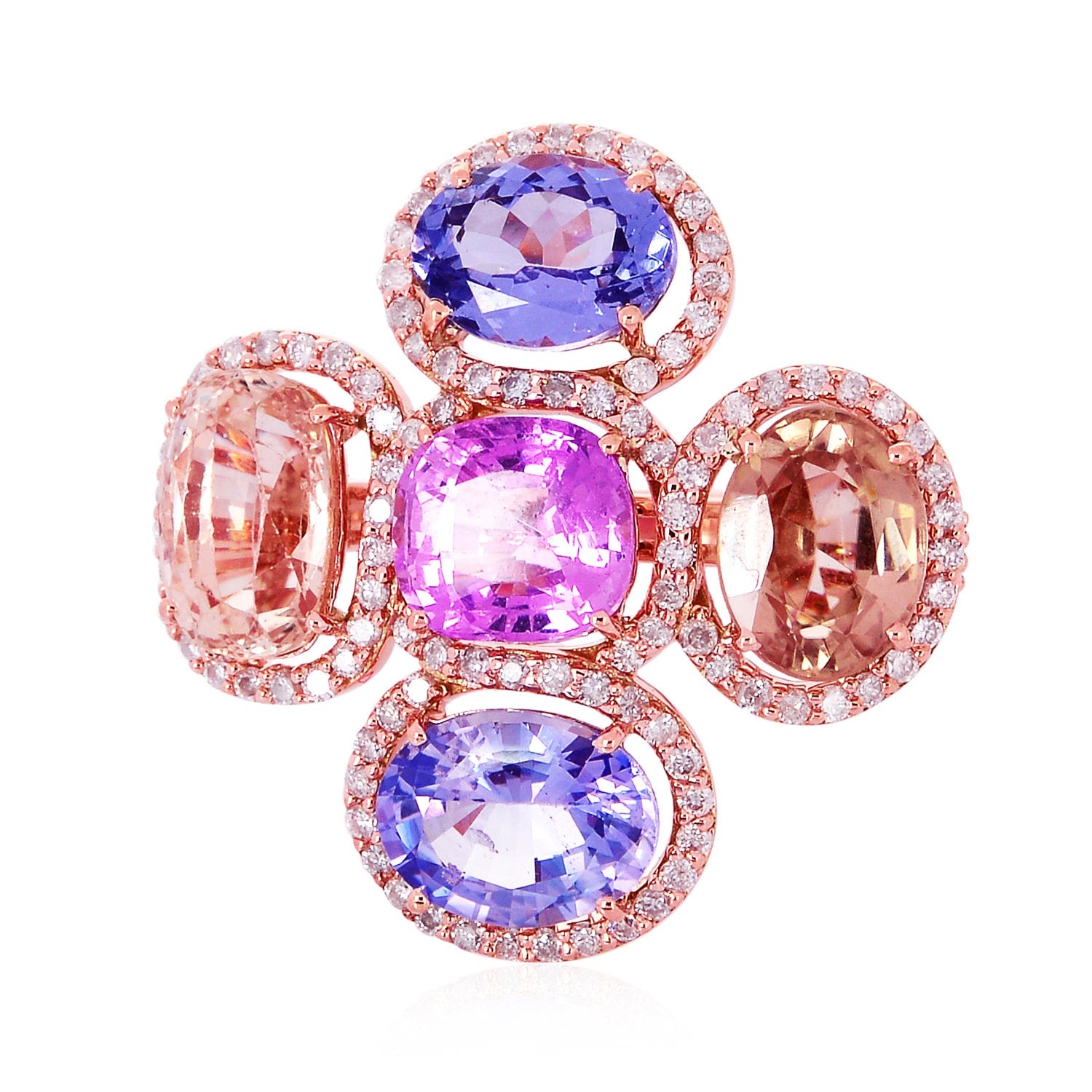 Multi Sapphire Gemstone Pave Diamond Cocktail Ring In Rose Gold