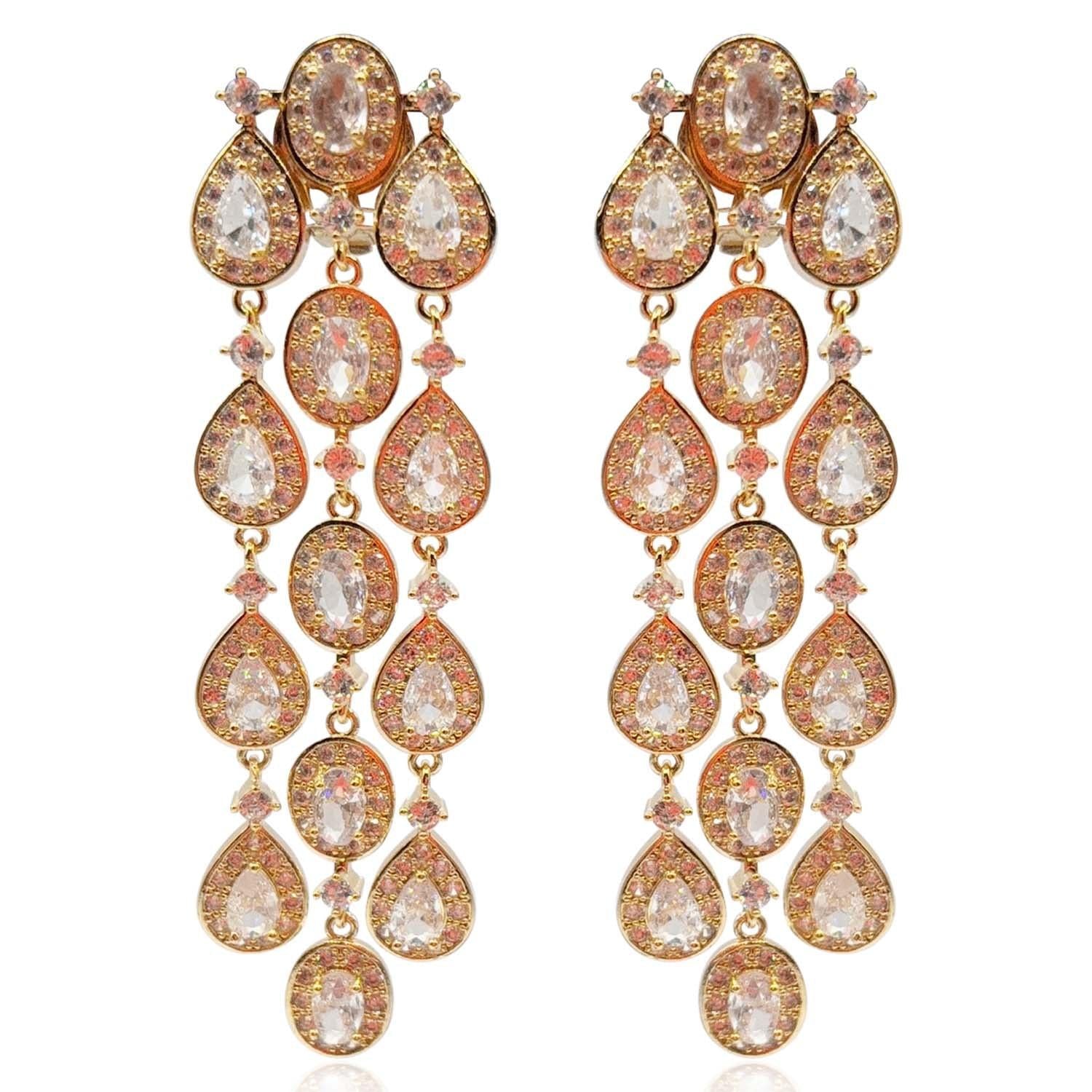 Multi Shape Crystal Drop Clip On Earrings Set In Gold Plate