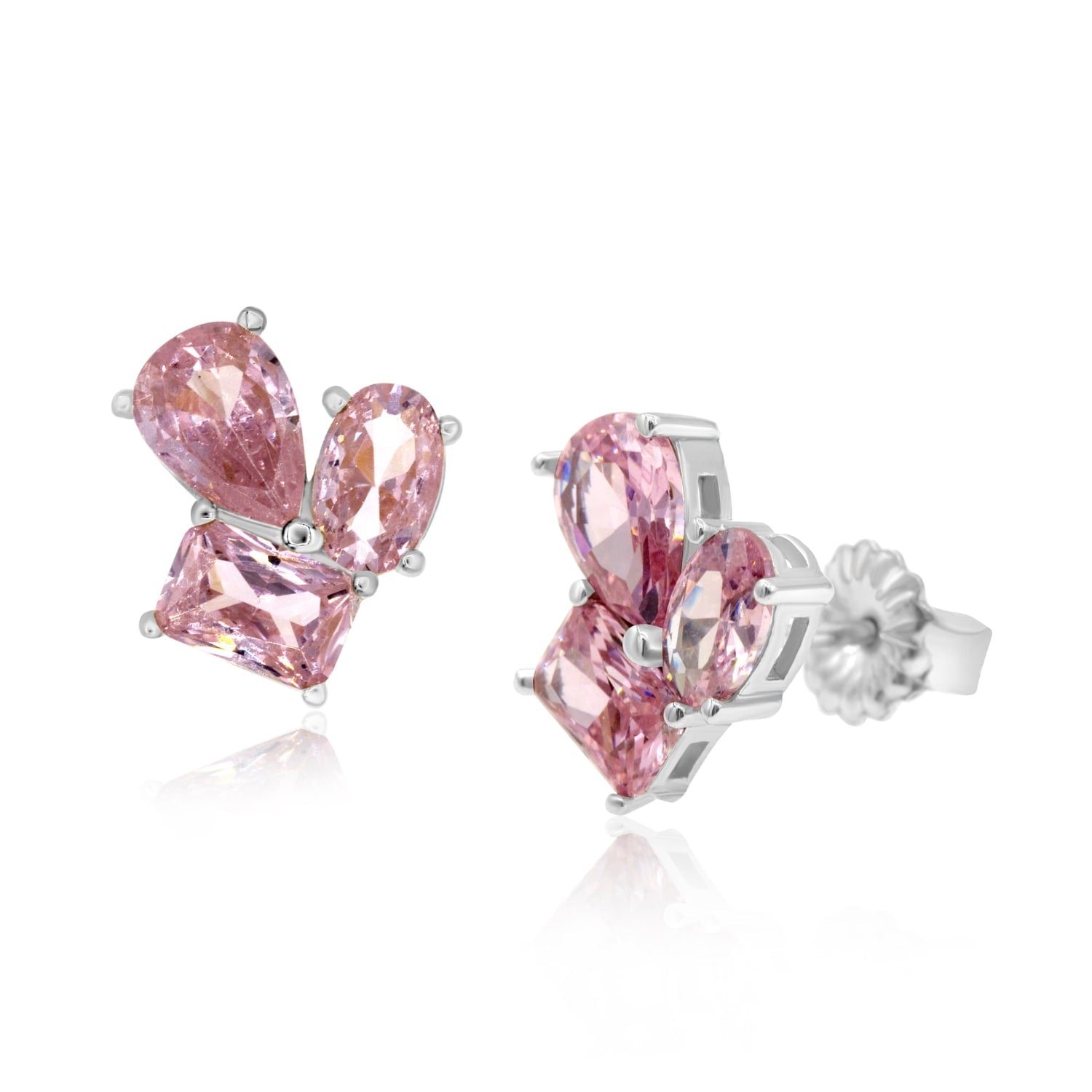 Multi Shape Three Stone Studs- Pink & Silver