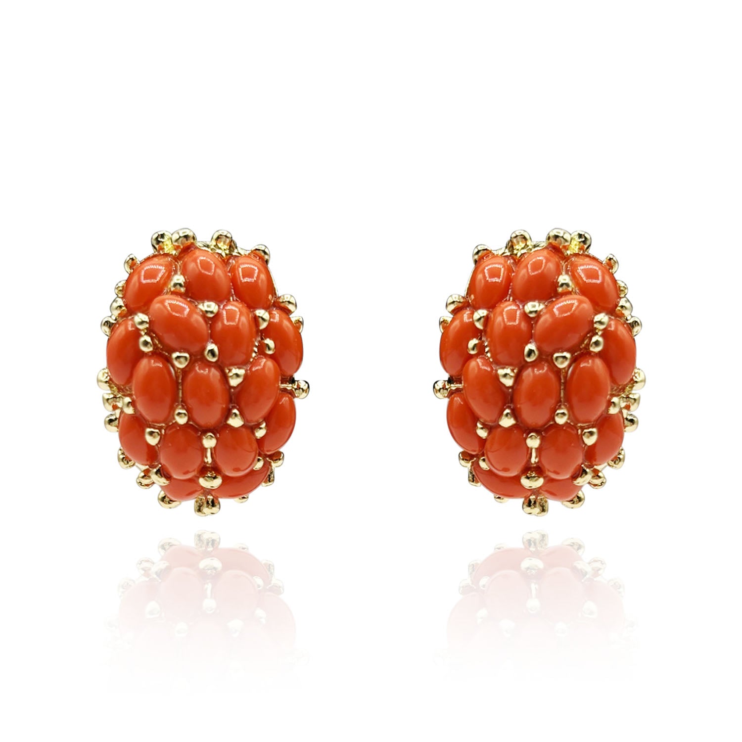 Multi Stone Glass Coral Clip On Earrings In Gold Plating