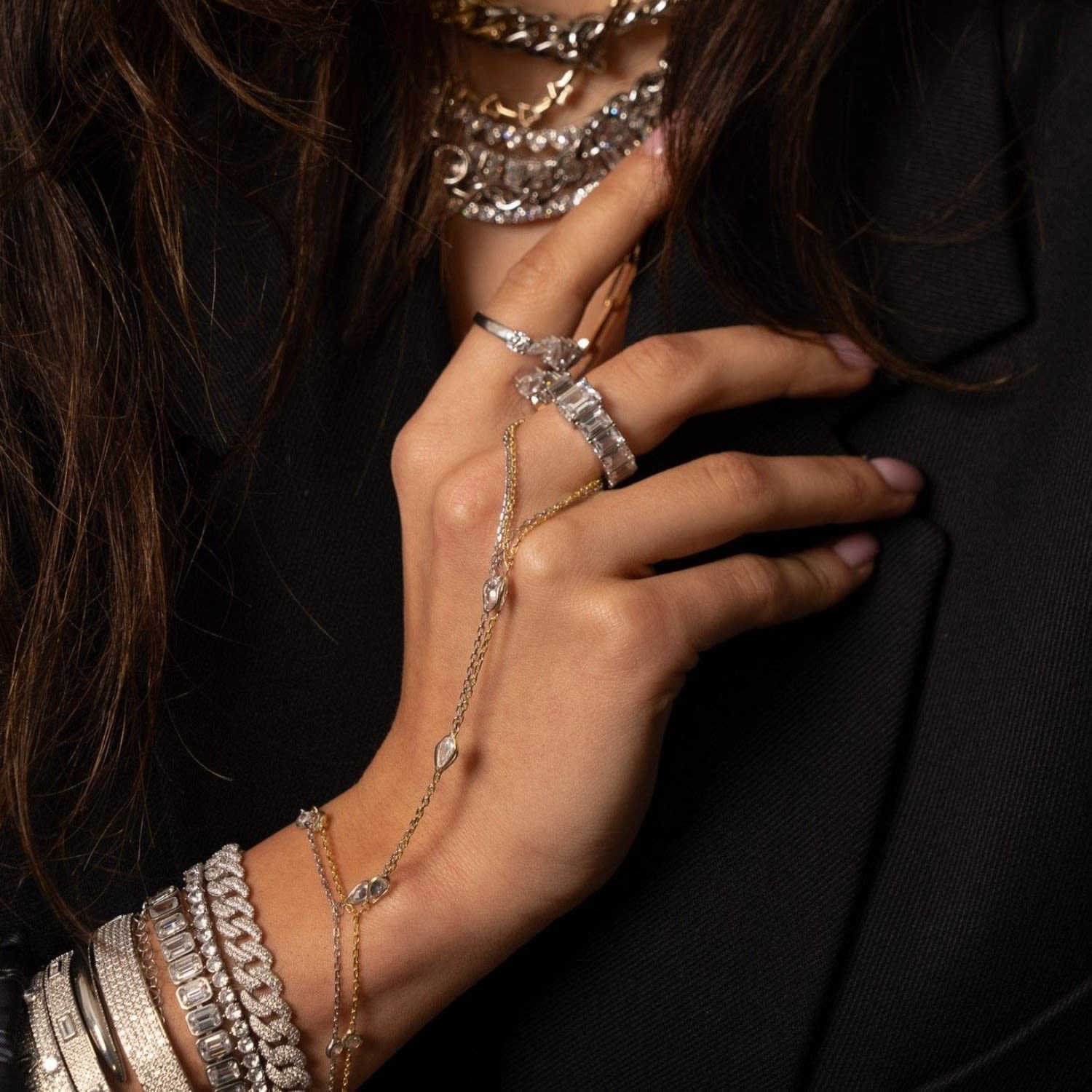Multi Stone Hand Chain - Silver