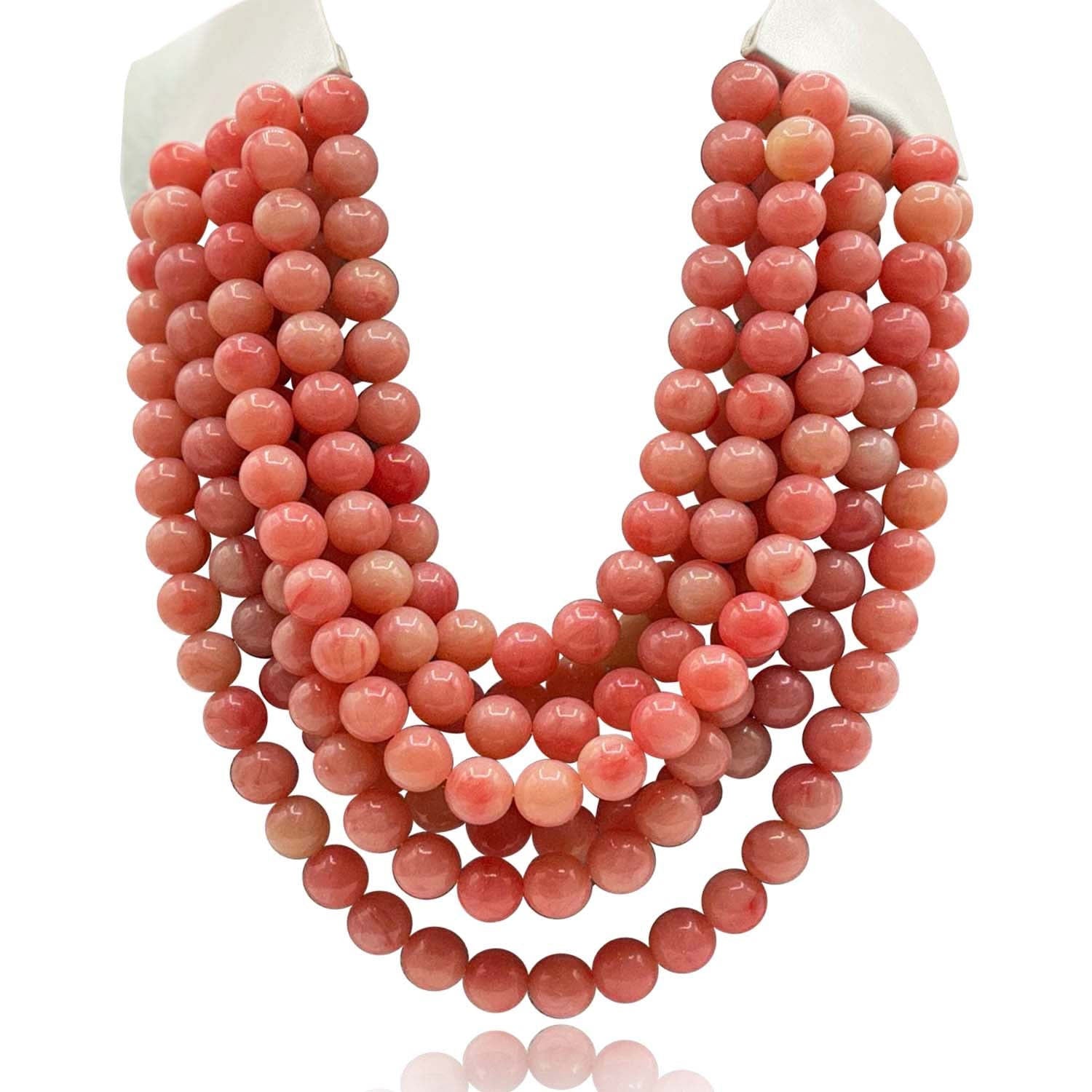 Multi-Strand Coral Resin Bead Necklace With Ivory Vegan Leather Adjustable Clasp