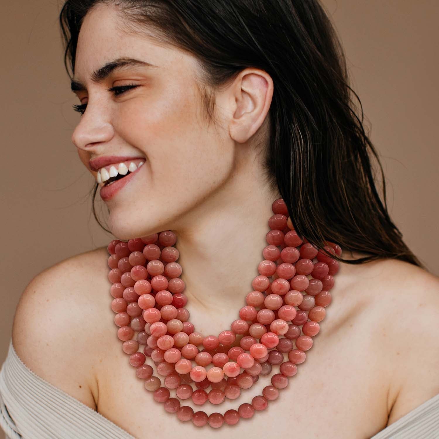 Multi-Strand Coral Resin Bead Necklace With Ivory Vegan Leather Adjustable Clasp